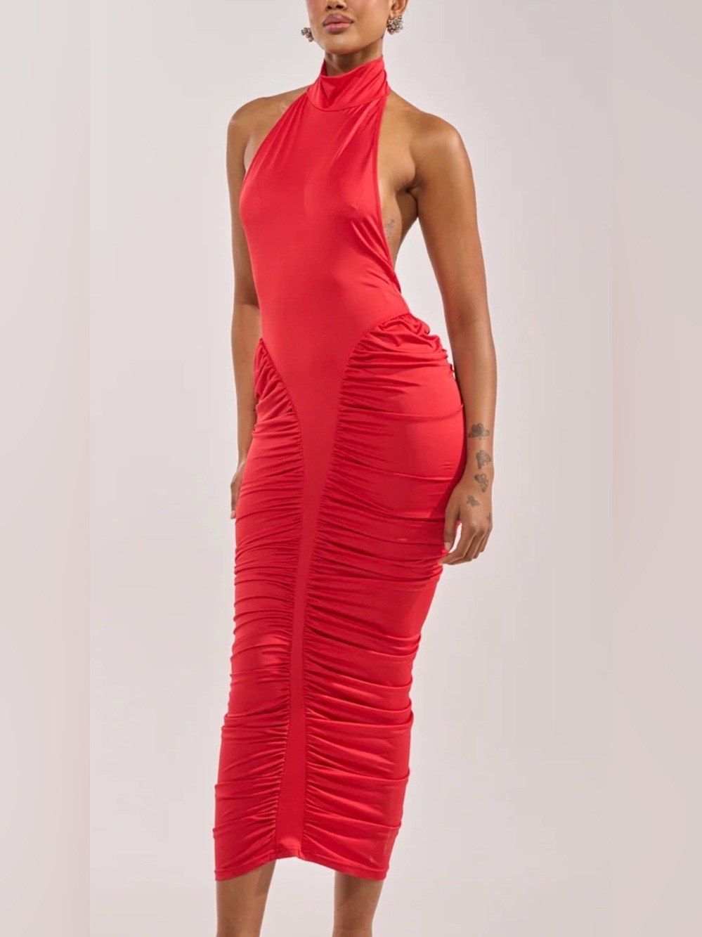 NWT AKIRA Red Halter Ruched back out Midi Dress